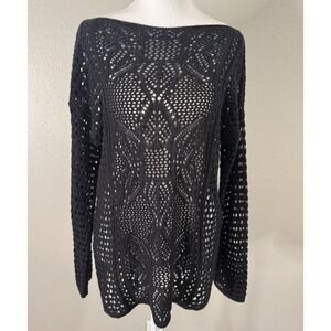 Vintage Jeanne Pierre Black Cotton Open Knit Crochet Sweater Top Whimsigoth L